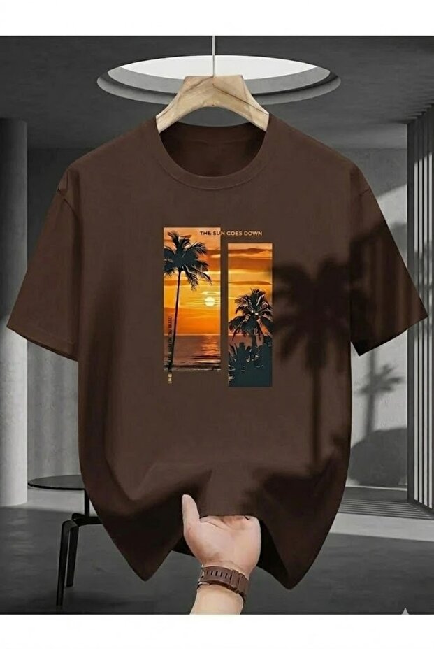 تي شيرت رجالي فضفاض من Sunset مطبوع مقاس كبير