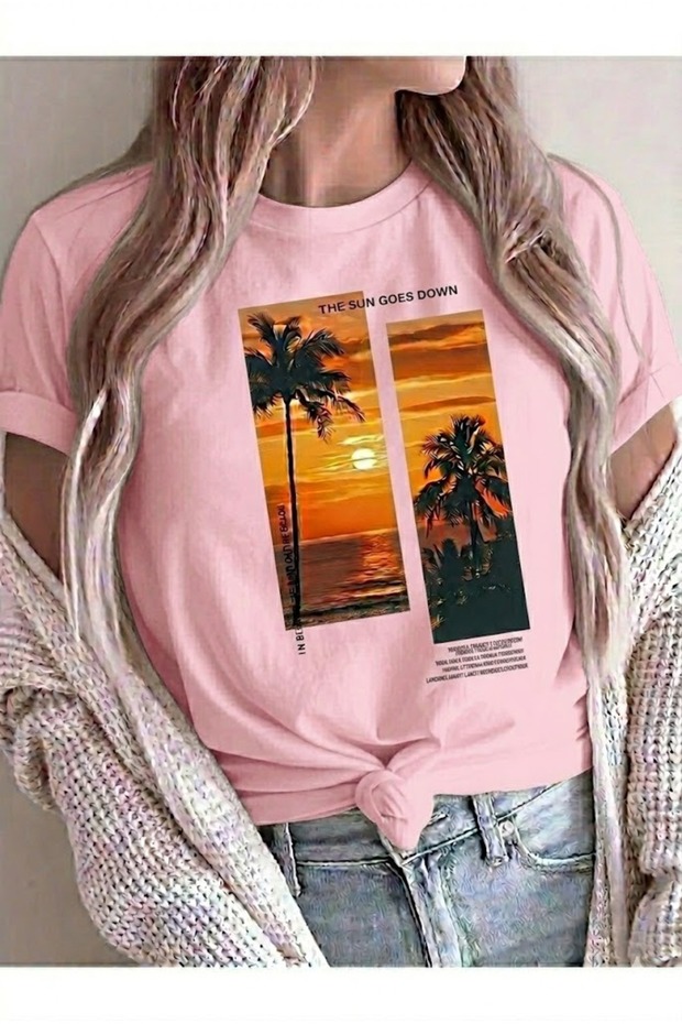 Sunset Printed Oversized Women's T-Shirt Loose Fit