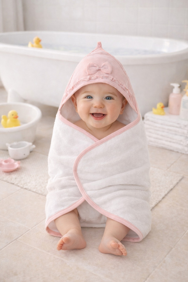 100% Cotton Pink Color Bow-Decorated Baby Towel/Baby Girl Pink Bow-Decorated Towel