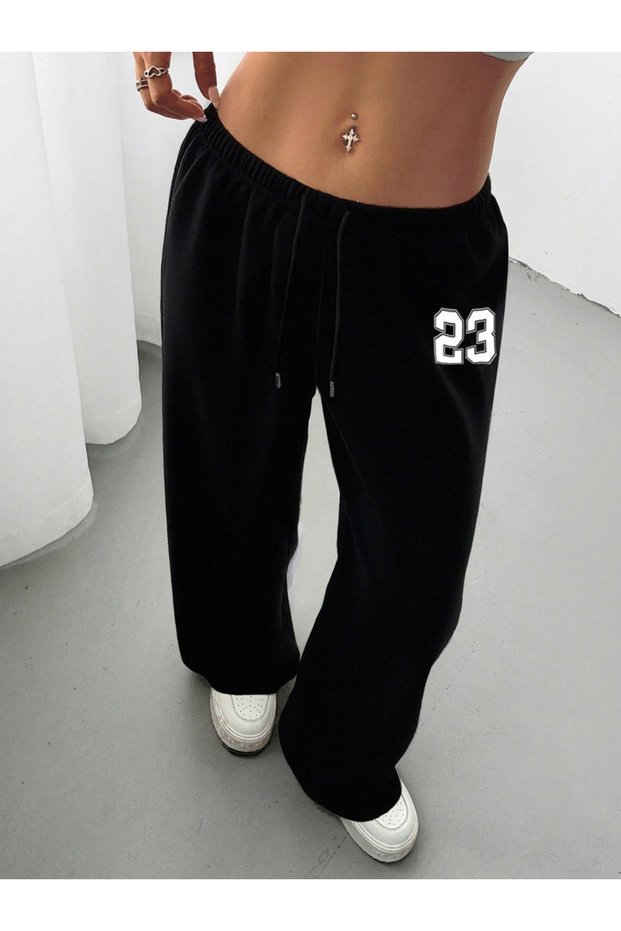 Black Wide Leg Pants with Number Print