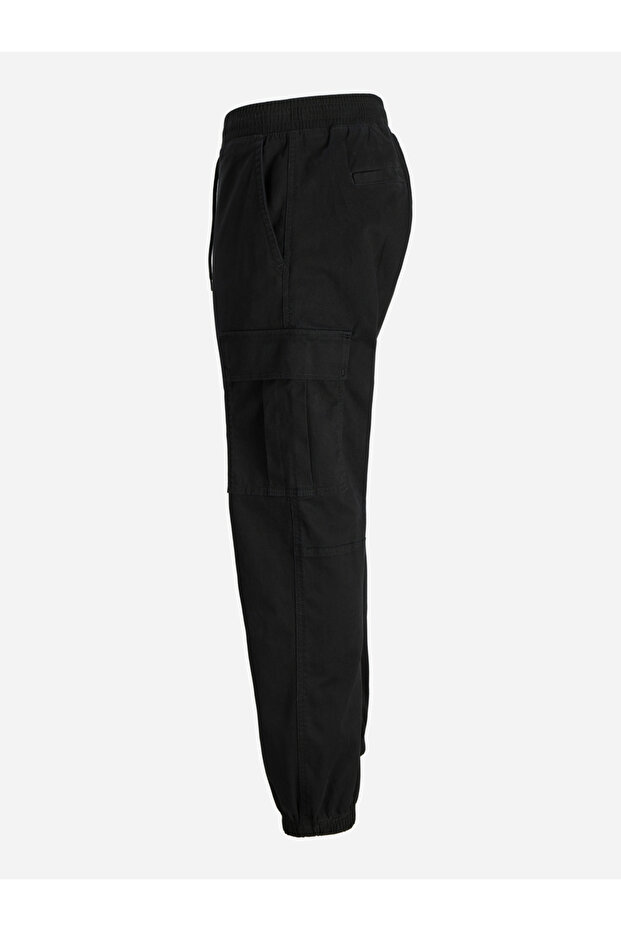 Black Solid Cargo Pants with Drawstring - 3