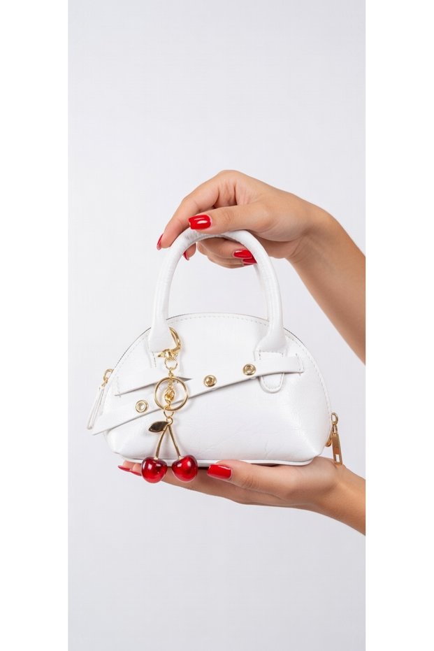 Women's White Mini Bag and Shoulder Bag Cherry Charms as a Gift - Stylish Long Strap with Zipper Clutch Bag
