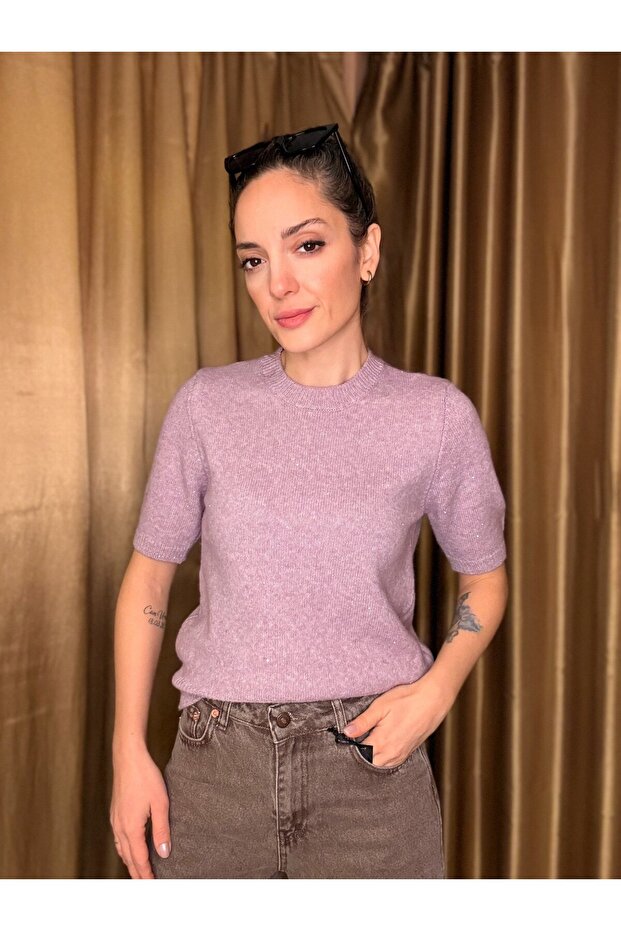 Lila Pullu Simli Kısa Kol Triko - 2