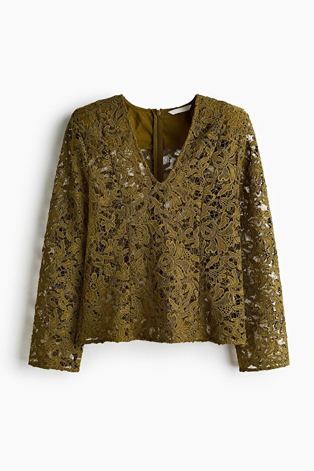 V Yakalı Dantel Bluz - 4