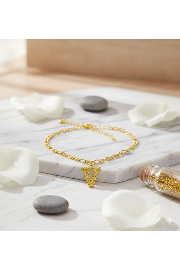 Gold Color Figaro Chain and Special Letter Design Women's Anklet