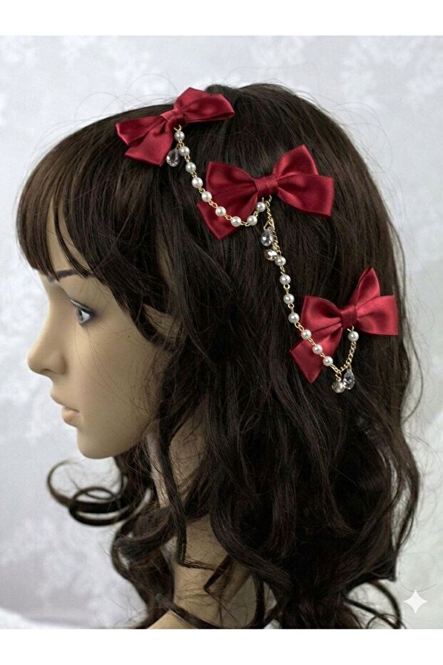 3-Piece Pearl Chain Bow Model Women's Hair Clip