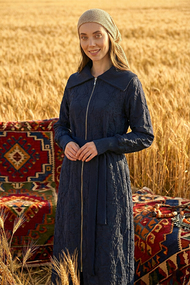 Front Zippered Knitwear Jacket with Sleeve Detail and Belt 6047 Navy Blue