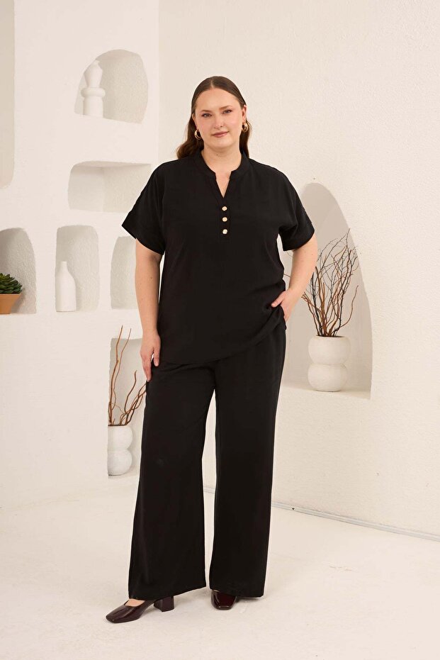 Front Button Plus Size Modal Blouse Black - 5