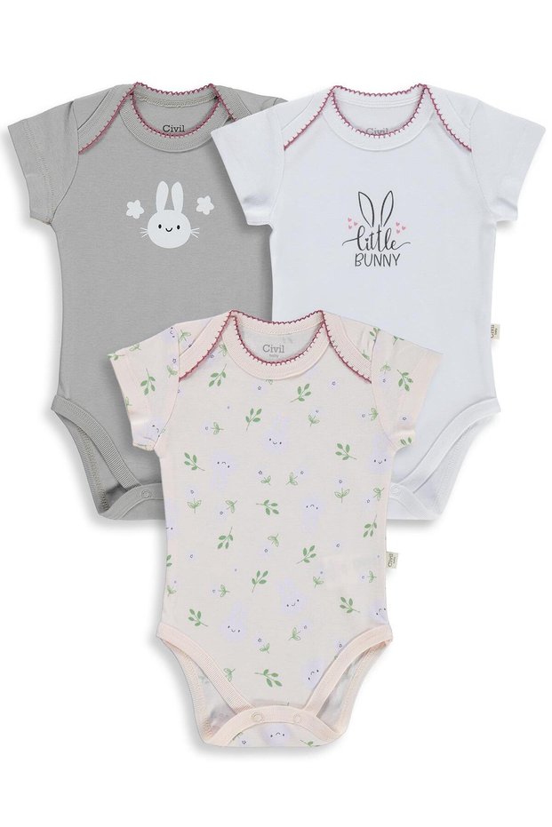 Rabbit Printed 3-Piece 1-36 Months Snap-On Badi - Powder