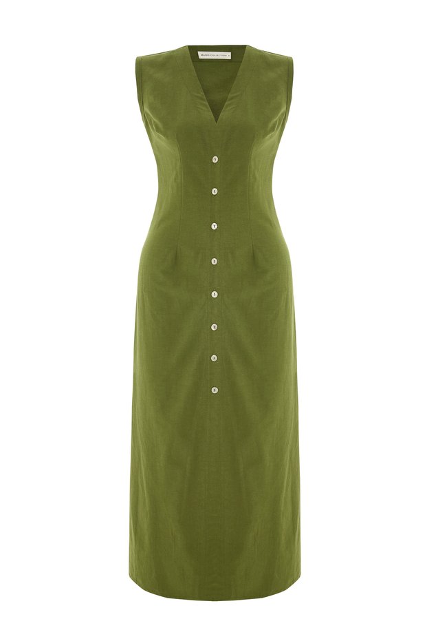 Women's Khaki Straight Cut Sleeveless V-Neck Long Dress