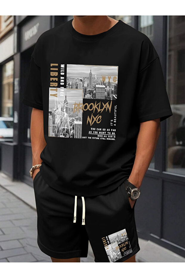 طقم شورت أسود مقاس كبير مطبوع - 1