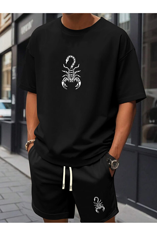 طقم شورت أسود مقاس كبير مطبوع - 1