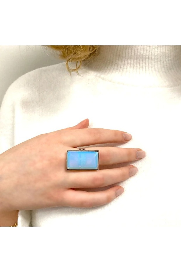 Opal ring, large rectangular stone, stainless steel, adjustable to multiple sizes - 2