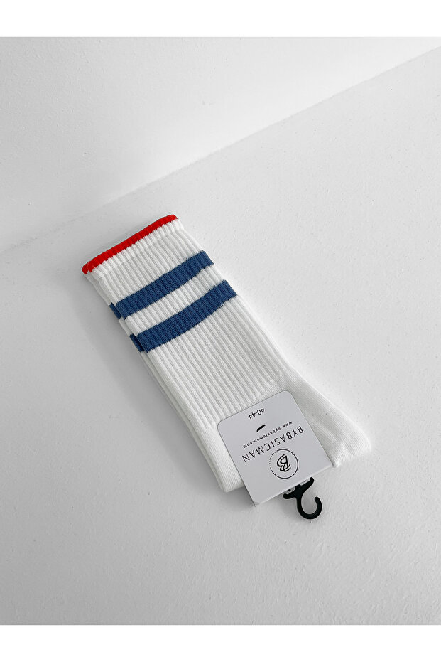 White Double Blue Striped Socks - 1