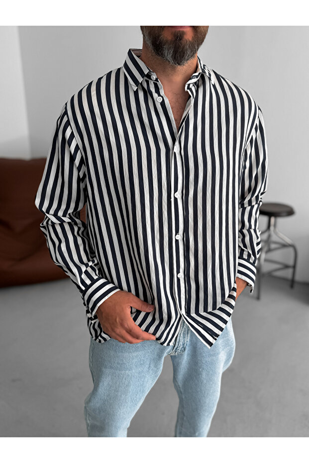 Lacivert Şeritli Gömlek RES-5199 - 3