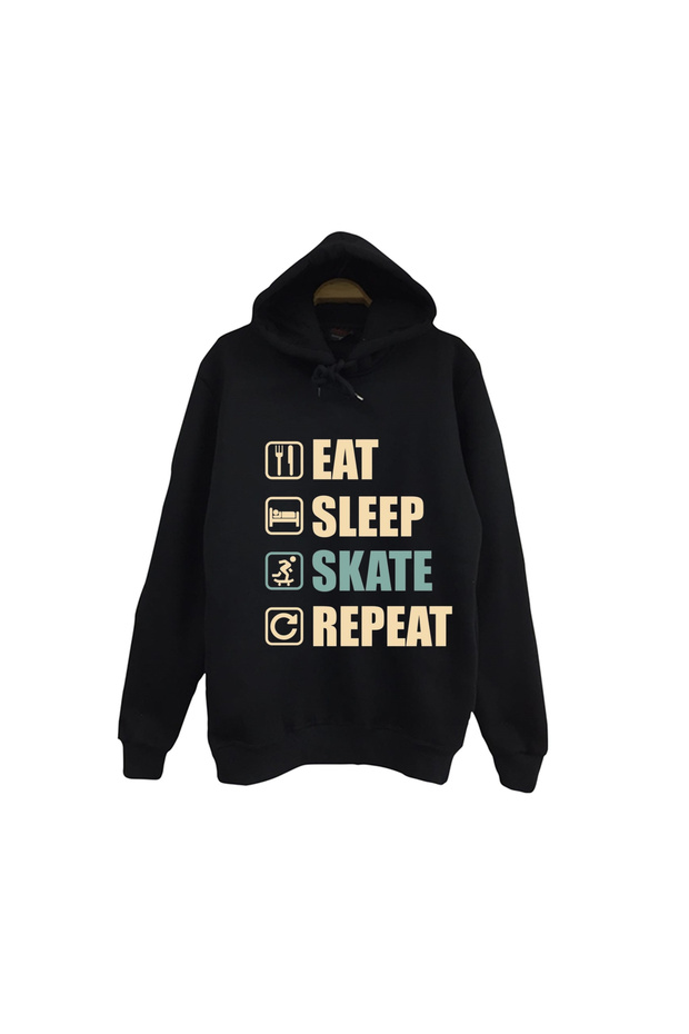 Eat Sleep Skate Repeat - Kaykay Printed Unisex %100 Cotton Black Hooded Sweatshirt