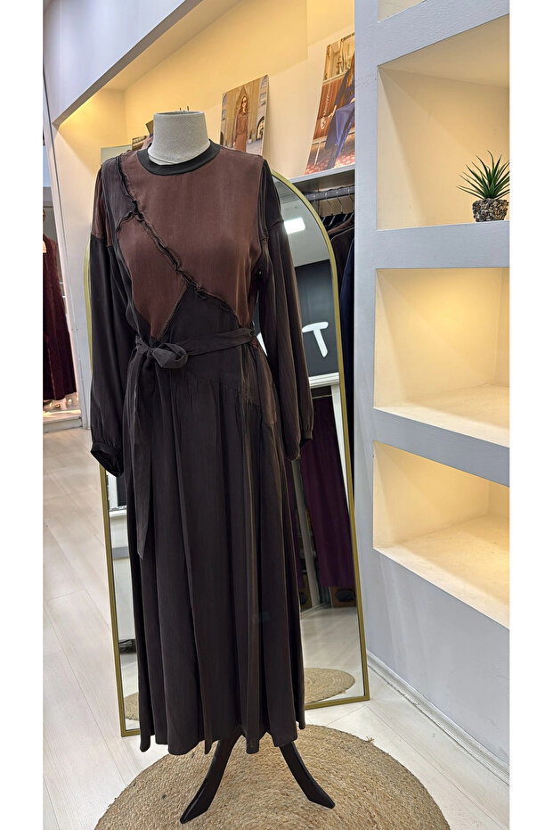 Patchwork Elbise 39801 KAHVE - 7