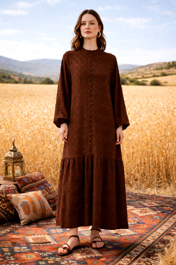 Guipure and Denim Detailed Long Dress 2026 Brown
