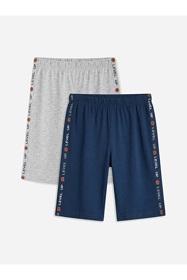 Navy Blue Side Striped Boys' Pajama Shorts, 2-Piece Set