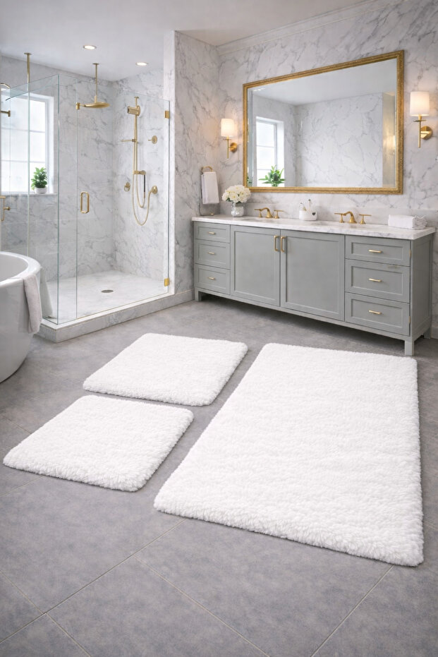 Plush , Pufy , Soft, Non-Slip Sole , Washable , 60X100-60X50-30X40 Cm, 3-Piece Bathroom Set