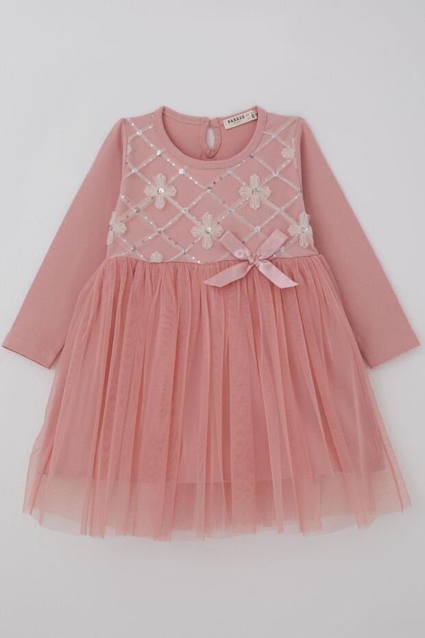 Girl's Long Sleeve Dress with Sequins and Tulle Floral Accessories, Ages 1.5-5, Dried Rose