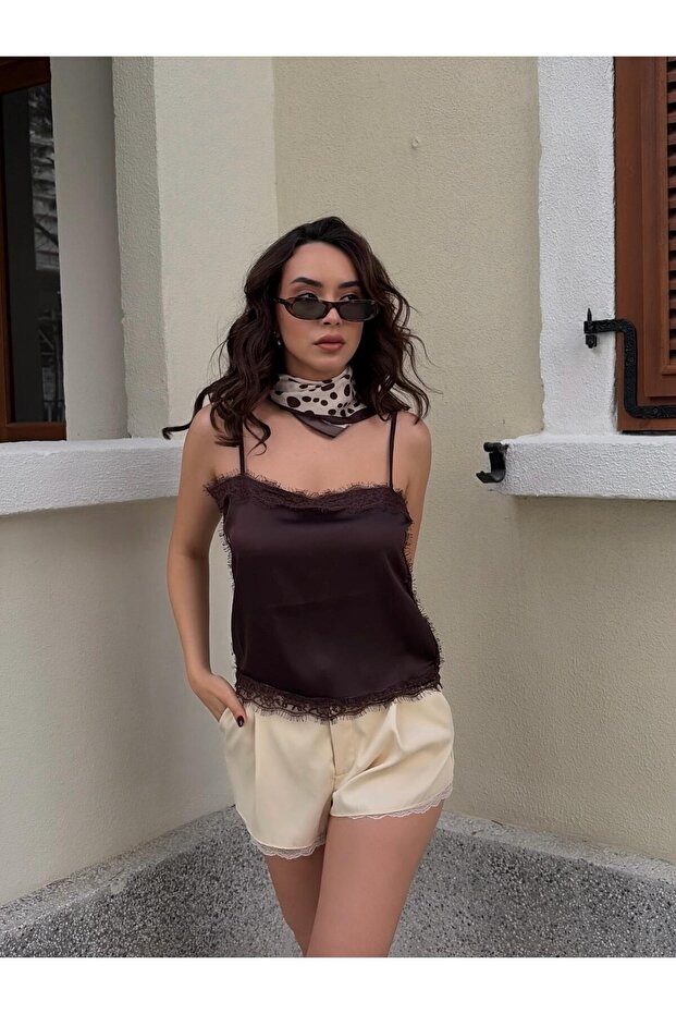 Lace Detailed Strappy Satin Brown Short Women's Blouse 31014