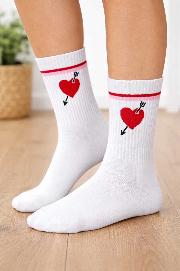 Sports Socks White Heart Pattern 3 Pairs Stitch-Free Towel Sole