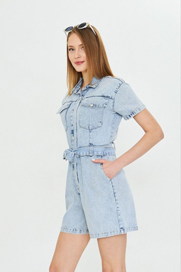 Light Blue Jeans, Belt Pack Overalls Shorts, Denim