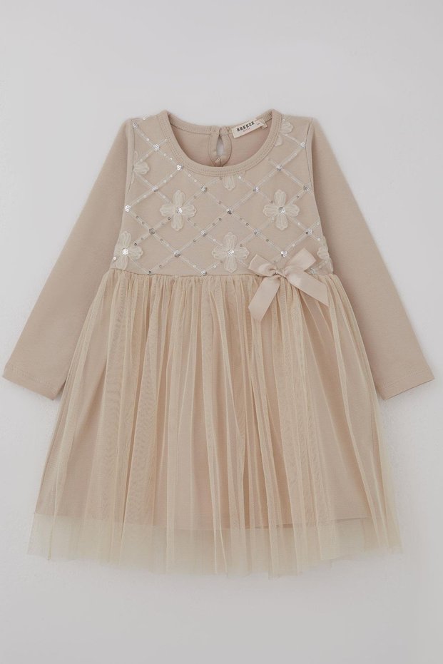 Girl's Long Sleeve Dress with Sequins and Tulle Floral Accessories, Age 1.5-5, Beige