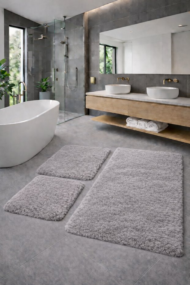 Plush , Pufy , Soft, Non-Slip Sole , Washable , 60X100-60X50-30X40 Cm, 3-Piece Bathroom Set