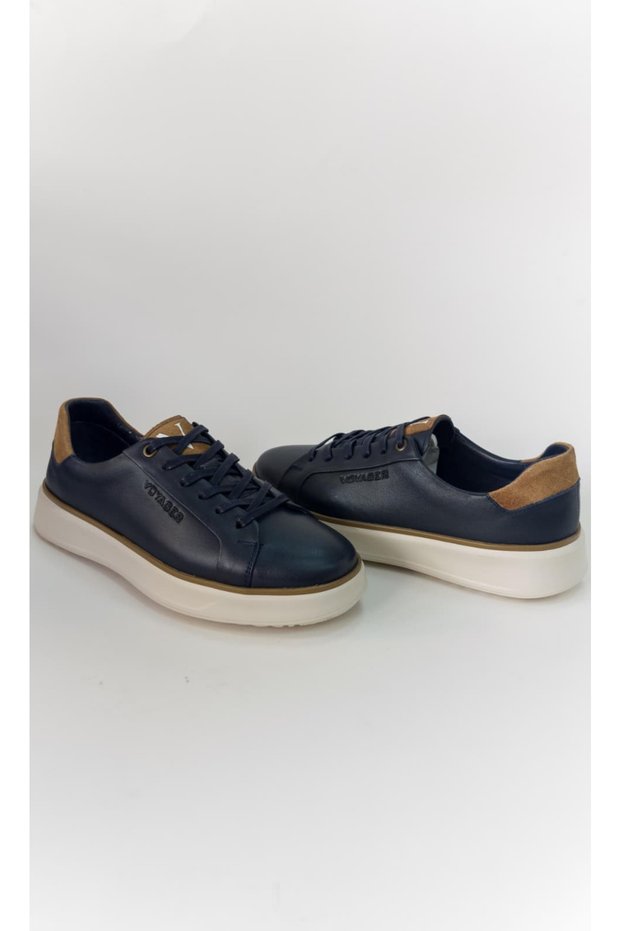 Genuine Leather Men's Sneakers – Rubber Sole Lace-Up Casual Navy Blue Sports Shoes