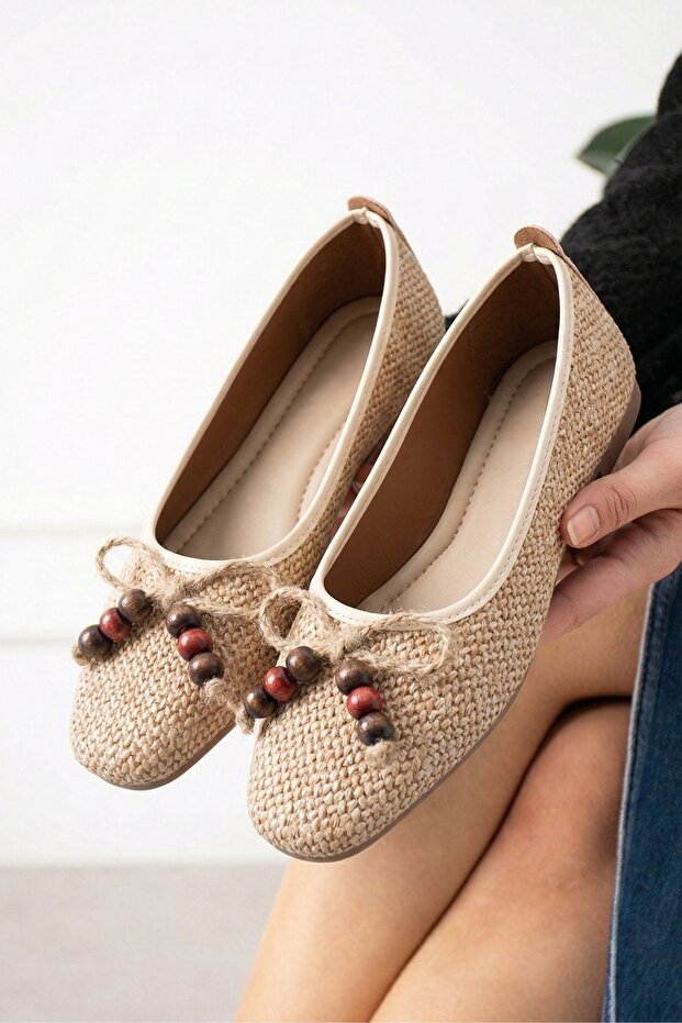 Oasis Beige Wicker Weave with Textured Bows and Wooden Bead Detail Ballet Flats