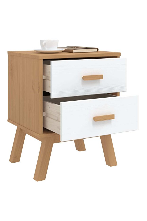 "OLDEN" bedside table, white and brown, solid pine wood - 4