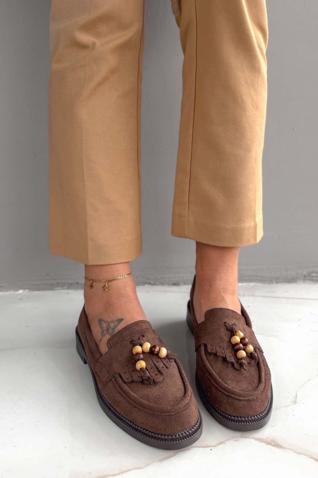 Bubble Bitter Brown Suede Tassel Bead Detailed Women's Loafers