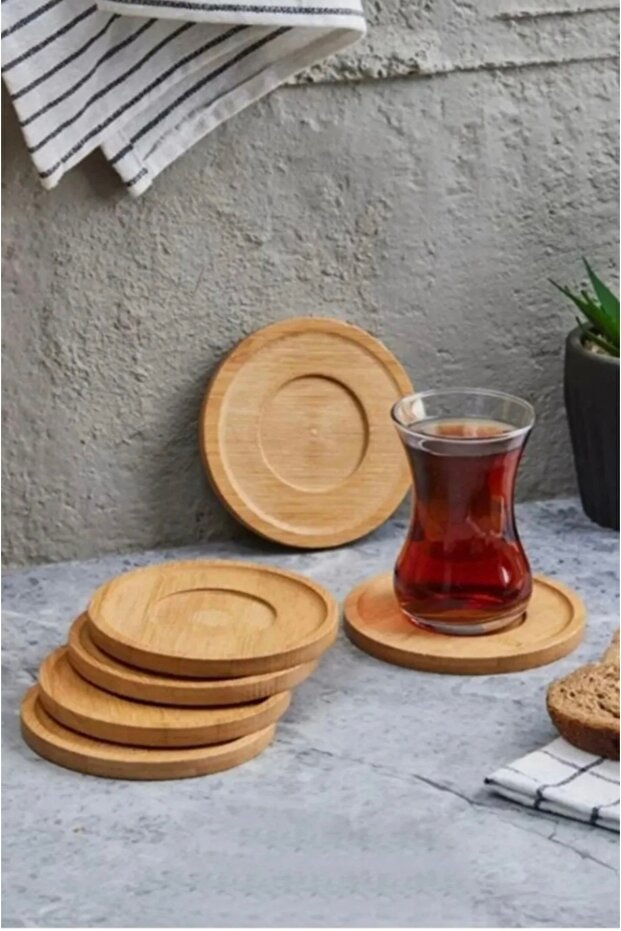 Bamboo Tea Plates Set of 6 | Round Wooden Coaster Set