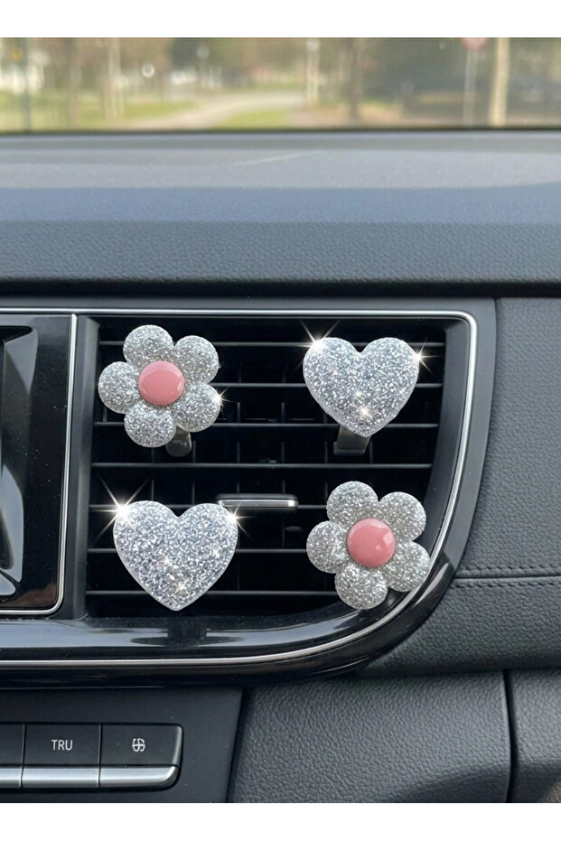 Silver Glittery Car Interior Air Conditioning Ornament Set of 4 – 2 Flowers 2 Hearts Auto Air Conditioning Accessory Shiny Glove Box Decor