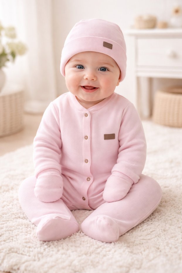Waffle Fabric Pink Color 5 Piece Baby Girl Romper with Blanket / Baby Girl Romper / Pink Romper