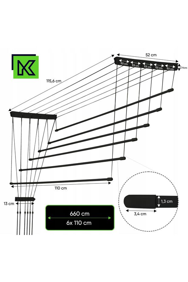 Bathroom Ceiling-Mounted Clothes Dryer 6 Bars 110cm Durable Solid - 3