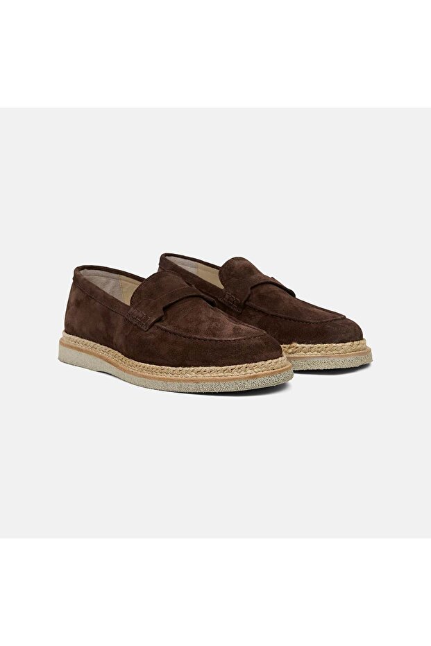 Men's Brown Straw Detail Suede Leather Loafers