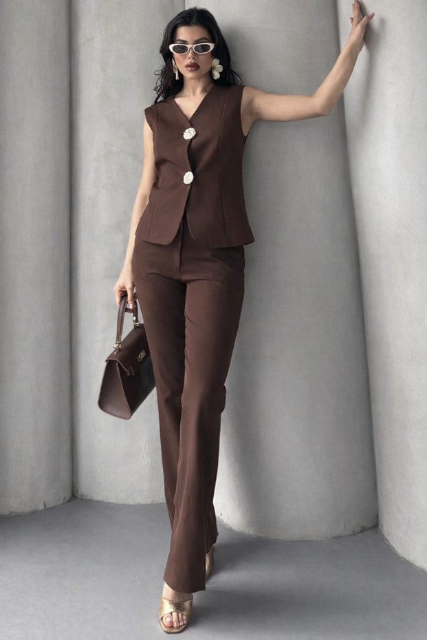 Women's Gold Buttoned Vest Trouser Suit Brown