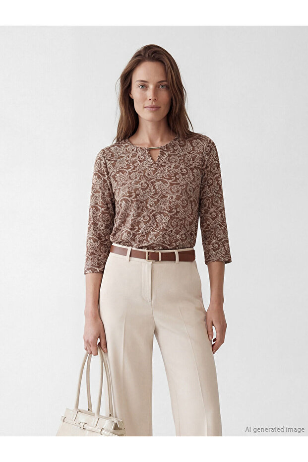 Nevavm Oval Collar Patterned Blouse with a Difference
