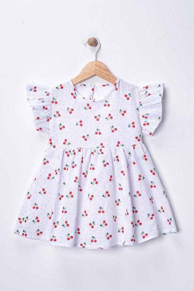 Cotton Linen 2-5 Years Old Cherry D Patterned Girls' Dress