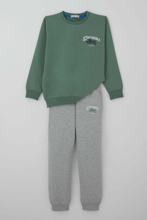 Boy's Tracksuit Set with Back Print Detail Pocketed Ages 7-12, Petrol Green