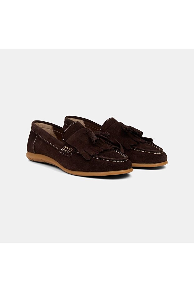 Women's Brown Tasseled Seam Detail Suede Loafers