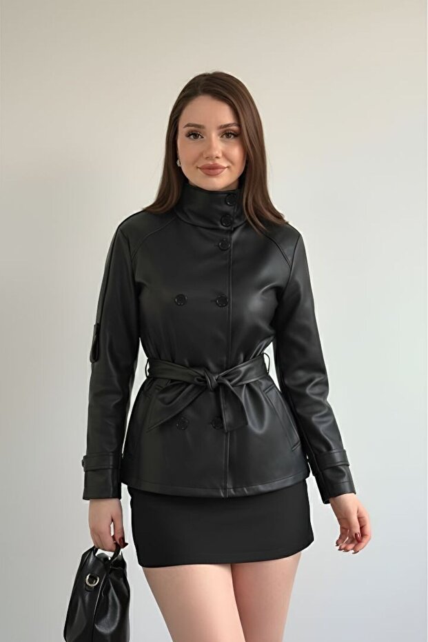 New Season Mock Neck Short Leather Trench Coat