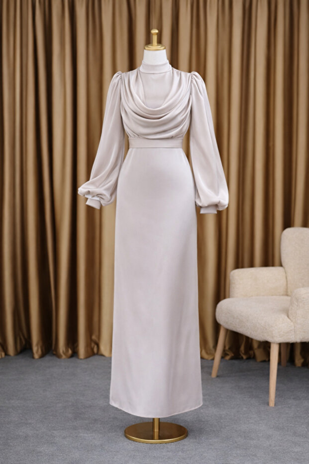 Elegant Draped Satin Long Hijab Evening Dress