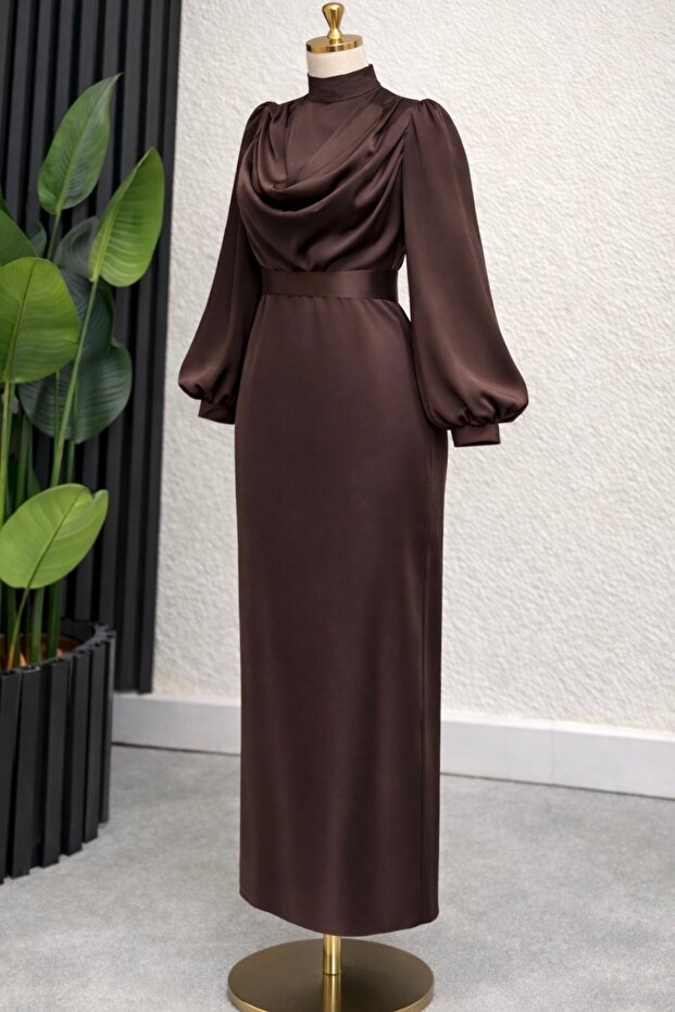 Elegant Draped Satin Long Hijab Evening Dress