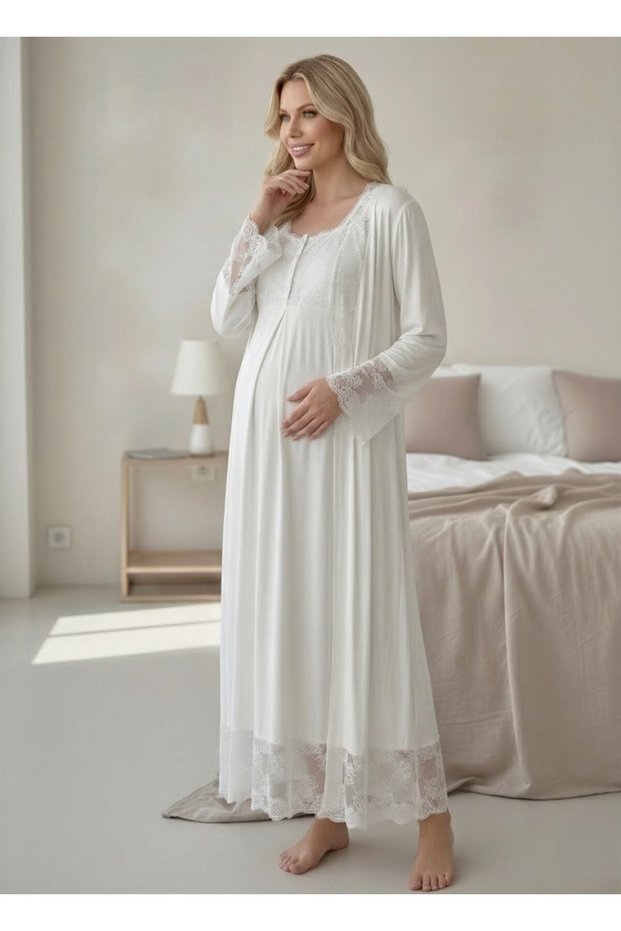 New Season Ecru Maternity Buttoned Lace Detailed Full Length 100% Cotton Summer Dressing Gown Nightgown Set