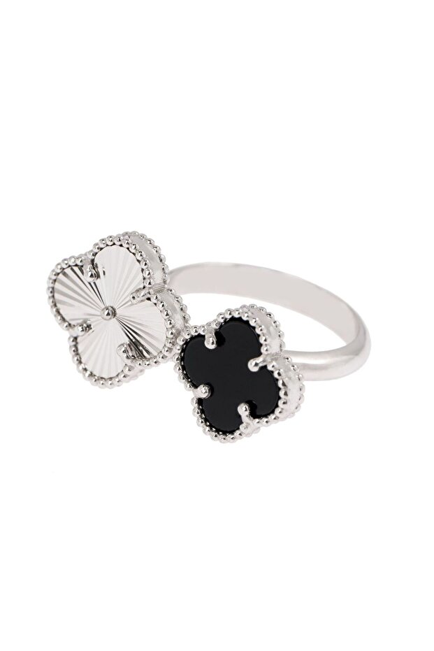 Black & Silver Clover Ring (slightly adjustable) - 1