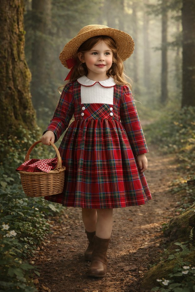 Red Plaid Peter Pan collar Piece Long Sleeve Fairy Tale Style Stylish Children's Dress (2-5 Years Old) Plaid Bow Crown Gift